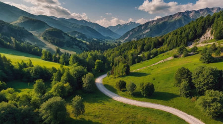 Aerial view of green meadow and road in mountains. Beautiful summer landscape