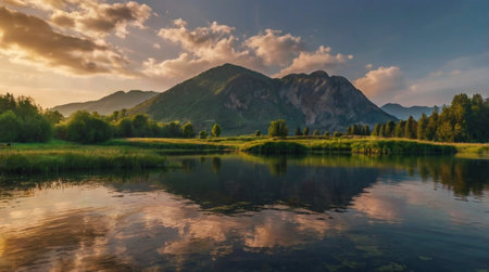 Panoramic view of alpine lake in the Alps at sunset