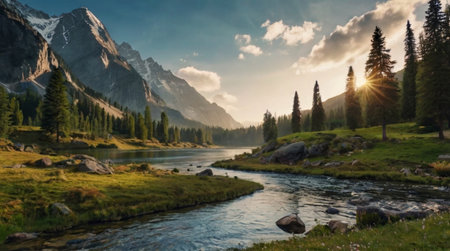 Mountain river in the Dolomites, Italy. Panoramic view