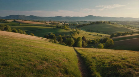 Beautiful summer landscape with green hills and blue sky. Panorama