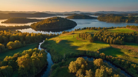 Aerial panoramic view of beautiful lake and forest at sunriseの写真素材
