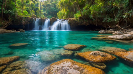 Tropical waterfall in jungle, Thailand. Panoramic view
