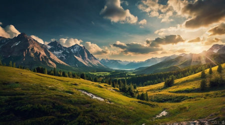 Panoramic view of alpine meadow and mountains at sunset