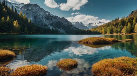 panoramic view of alpine lake with reflection of mountains and clouds