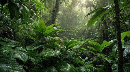 Tropical rainforest with green foliage and sunbeams.