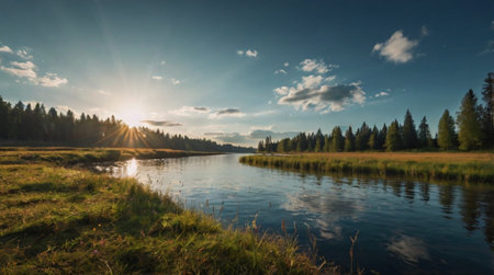 Beautiful summer landscape with river and forest on background, panorama