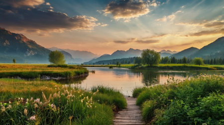 Sunset on the mountain lake in the Bavarian Alps, Germany