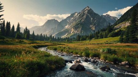 Mountain landscape with a stream in the foreground, Dolomites, Italy