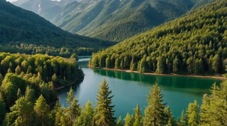 Aerial view of the mountain lake in the forest. Beautiful landscape.