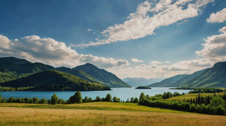 Beautiful summer landscape. Lake, mountains and blue sky with clouds.