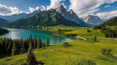 Panoramic view of the mountain lake
