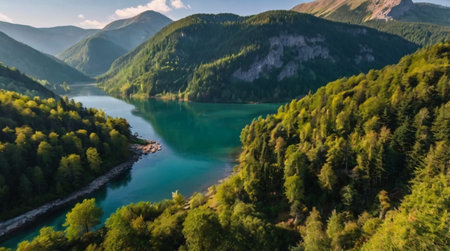 Aerial view of a beautiful mountain lake in the Carpathians