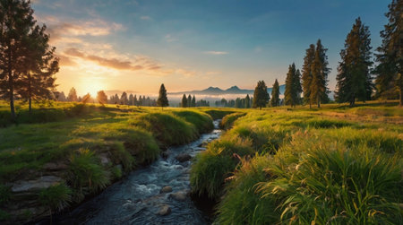 Sunset over the mountain river in the Tatra Mountains, Poland