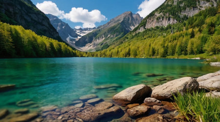 Beautiful alpine lake in the mountains. Landscape with a mountain lake.