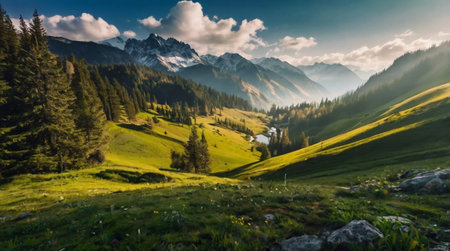 Panoramic view of alpine meadows and peaks of the Caucasus mountains.