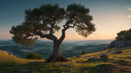 Old olive tree in the mountains at sunset, panoramic view