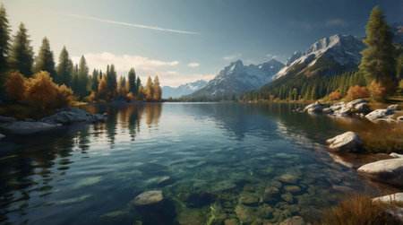 Panoramic view of alpine lake with reflection of mountains in water