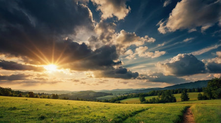 beautiful summer landscape with green meadow and sunset in the mountains