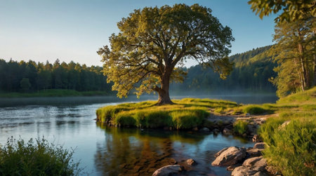 Lonely tree on the bank of a mountain river in the morning
