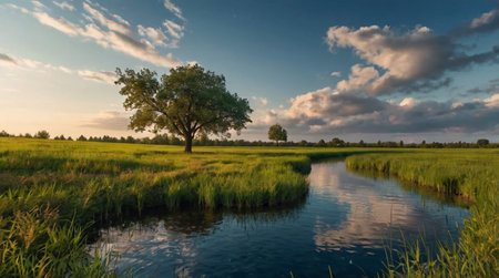 Panoramic view of a small river flowing through a meadow.
