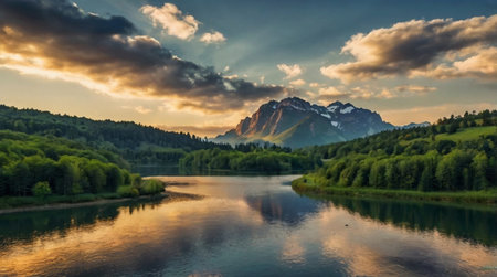 Mountain lake at sunset. Landscape with mountains and clouds.