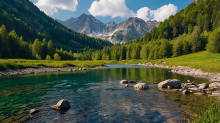 Panoramic view of the mountain river