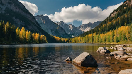 Mountain lake with clear water and high mountains in the background.
