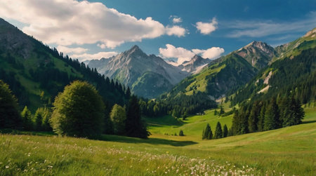Panoramic view of the mountains and meadows in the Alps