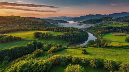 Aerial view of beautiful summer landscape with river and forest at sunset.
