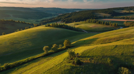 Aerial view of beautiful green meadow and forest at sunset.