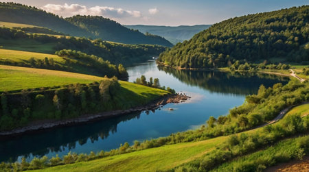 Panoramic view of the river flowing through the hills. Beautiful summer landscape.