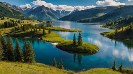panoramic view of alpine lake in mountains. beautiful landscape