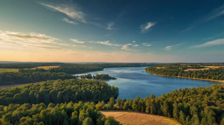 Aerial view of the river and forest at sunset. Beautiful summer landscape.