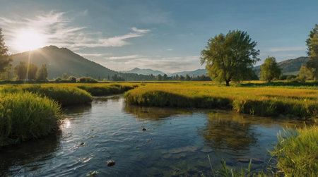 Beautiful sunset over a small river in the Altai mountains.