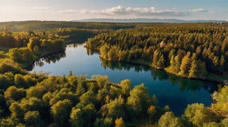 Aerial view of beautiful autumn landscape with forest and lake. Drone photography.