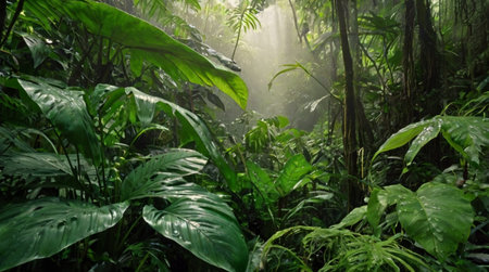 Tropical rainforest with sunbeams. Nature background.