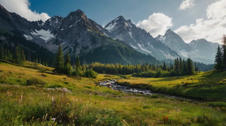 Panoramic view of the mountains and the river in the valley