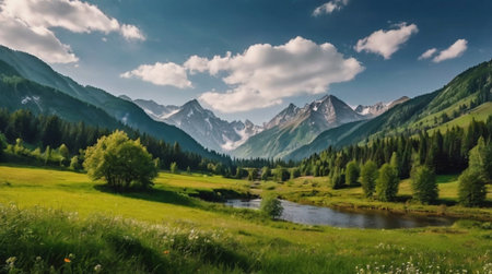 panoramic view of alpine meadow and mountain lake in Austria