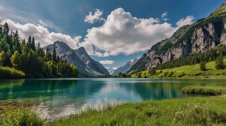 Panoramic view of the alpine lake