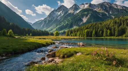Panoramic view of alpine lake and mountains in summer