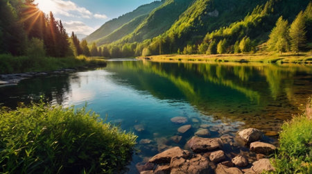 Beautiful summer landscape with mountain river and green forest on the background