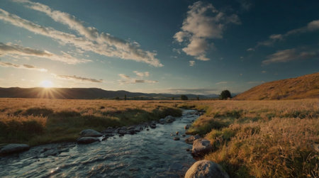 Sunset over a small mountain river in the highlands of Scotland