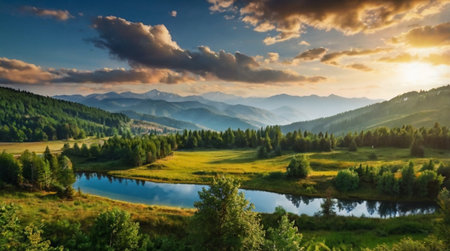 Panoramic view of the mountain lake at sunset. Carpathian, Ukraineの写真素材