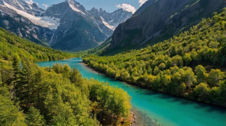 Aerial view of the turquoise river in the mountains.