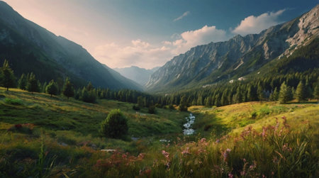 Panoramic view of the alpine meadow in the mountains