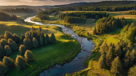 Aerial view of the river and forest at sunset. Beautiful summer landscape