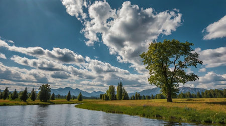 Lonely tree on the bank of a mountain river in the summer