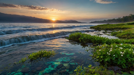 Sunset on the beach with a lot of flowers in the water