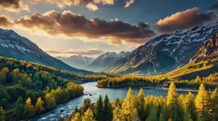 Beautiful autumn landscape. Mountain river and forest at sunset. Russia, Siberia, Altai mountains.