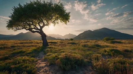 Lonely tree in the mountains at sunset. Panorama.